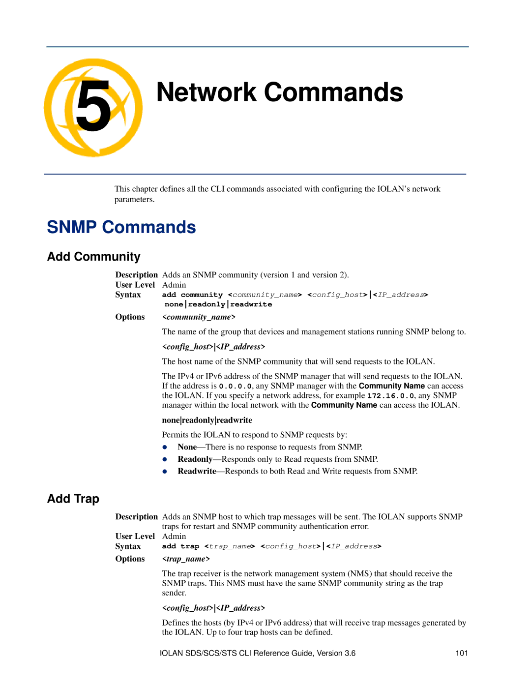 Perle Systems CSS manual Network Commands Chapter, Snmp Commands, Add Community, Add Trap 