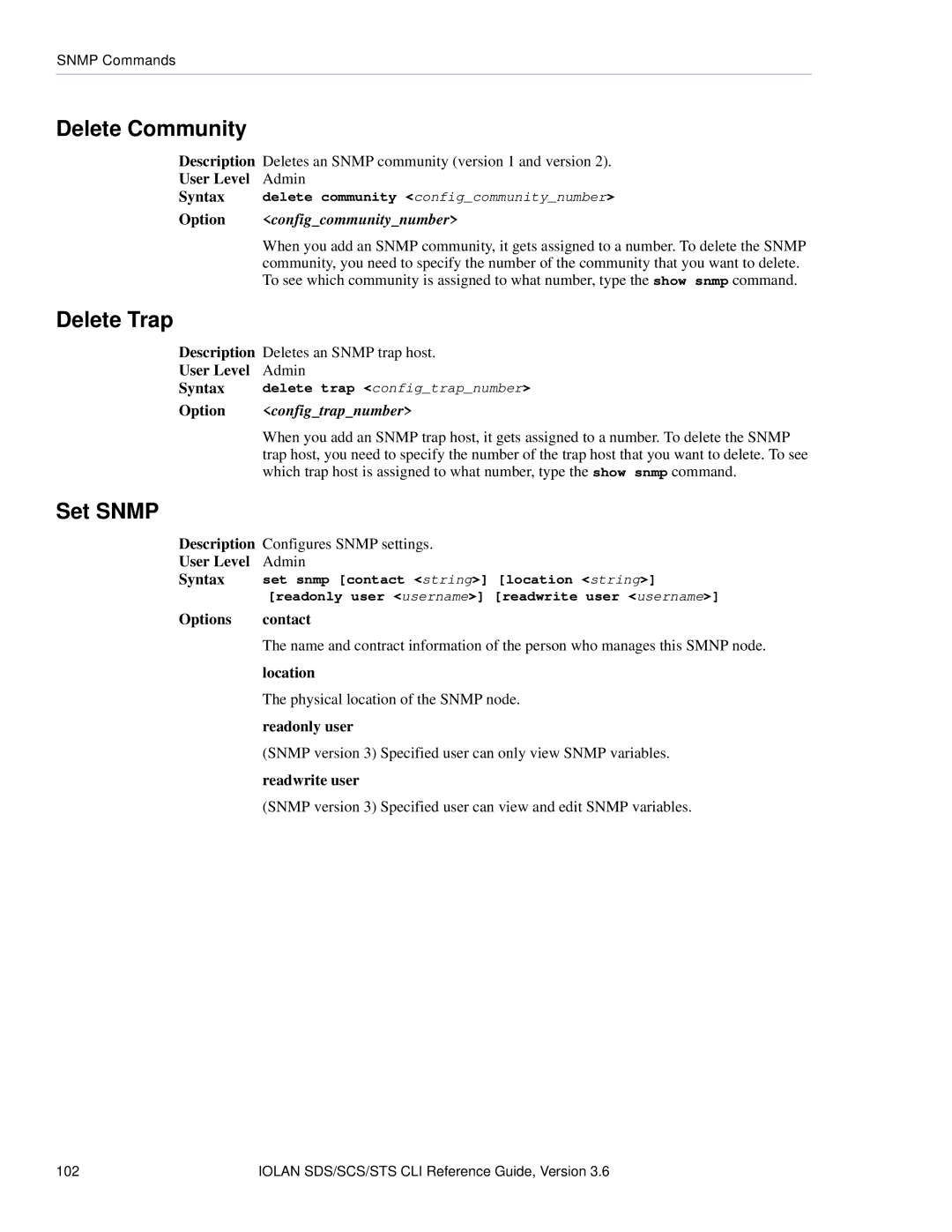 Perle Systems CSS manual Delete Community, Delete Trap, Set Snmp, Configcommunitynumber, Configtrapnumber 