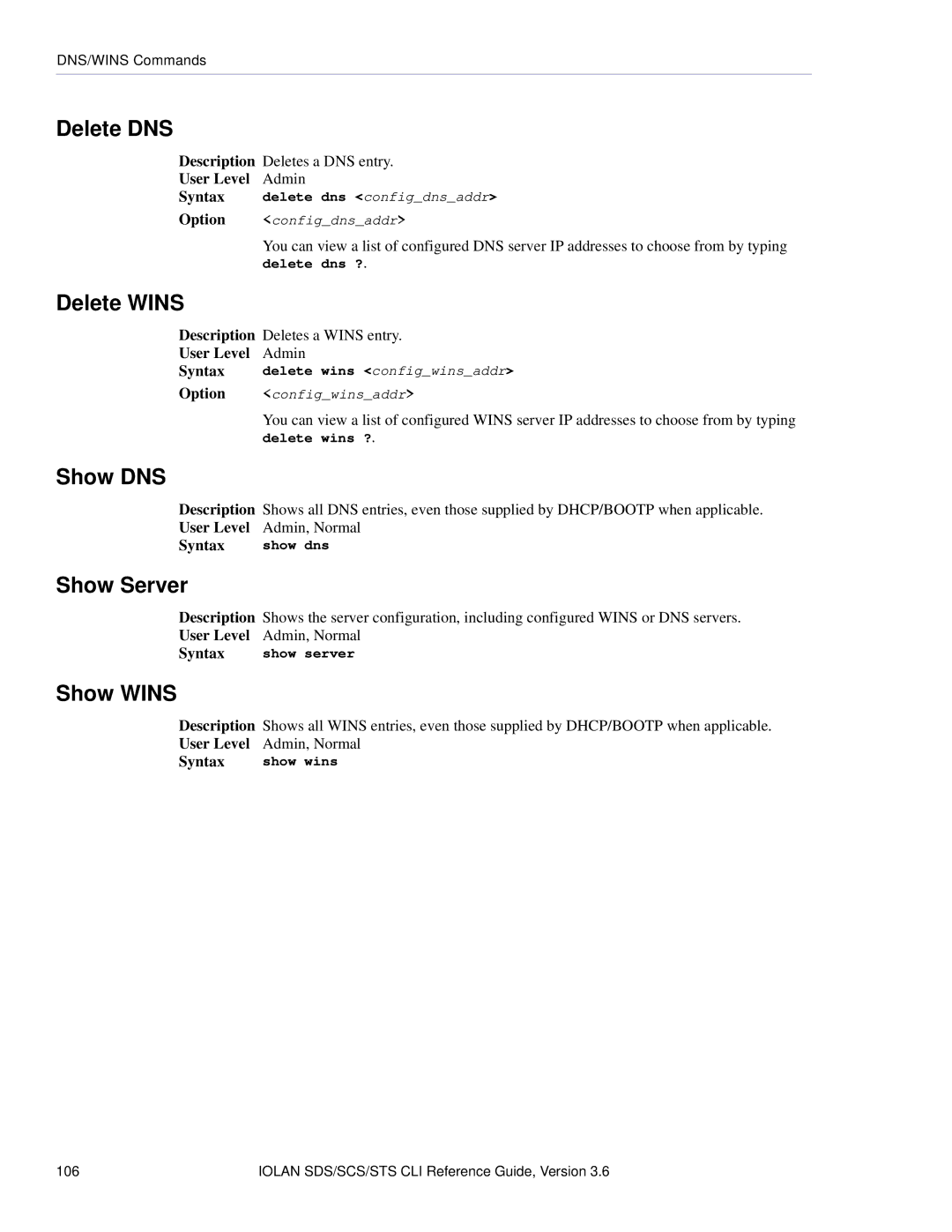 Perle Systems CSS manual Delete DNS, Delete Wins, Show DNS, Show Wins 