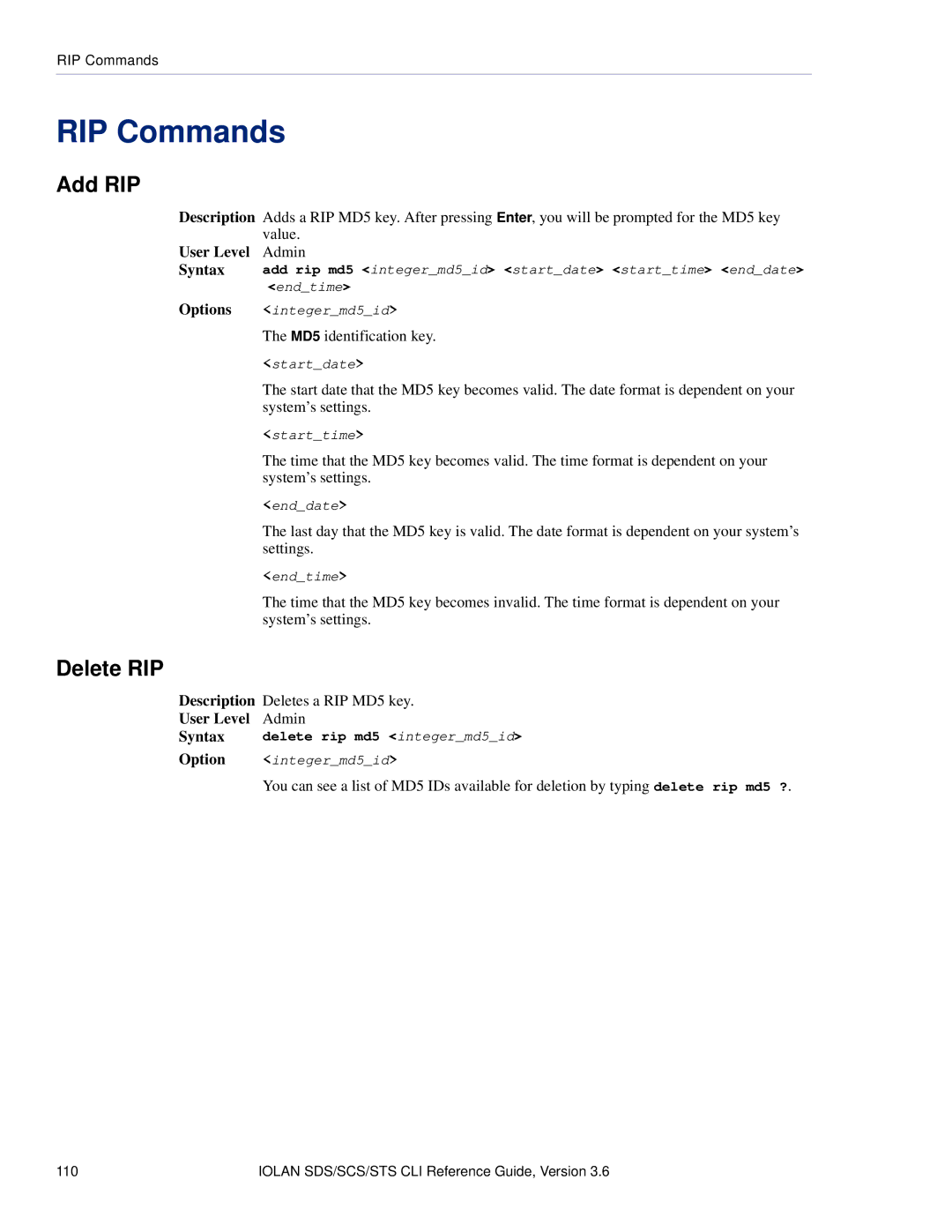 Perle Systems CSS manual RIP Commands, Add RIP, Delete RIP 