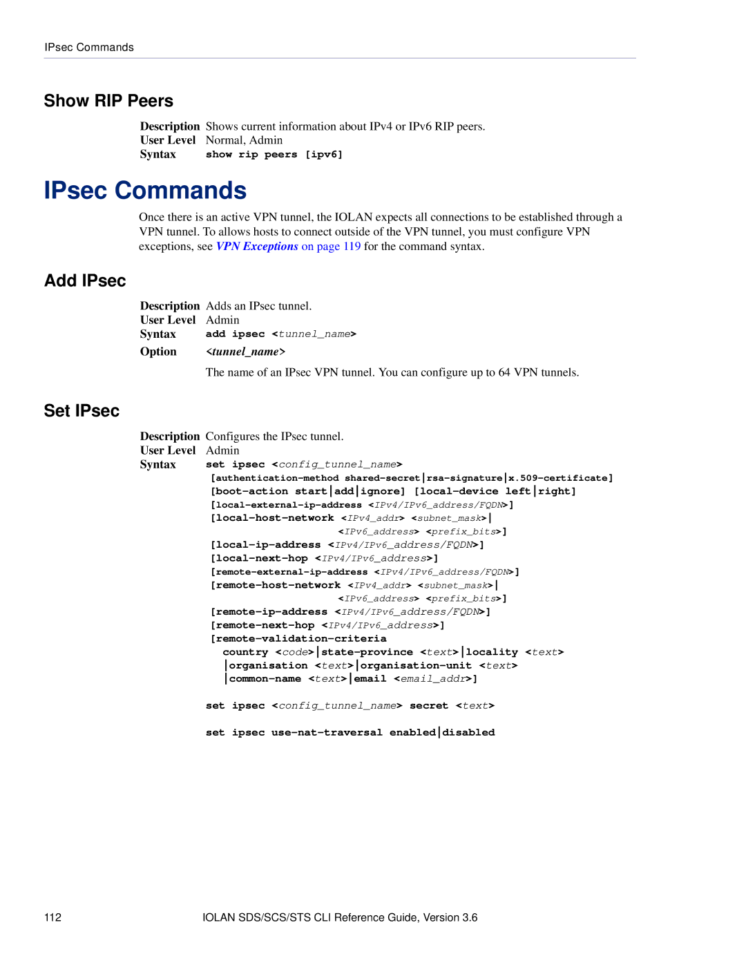 Perle Systems CSS manual IPsec Commands, Show RIP Peers, Add IPsec, Set IPsec, Tunnelname 