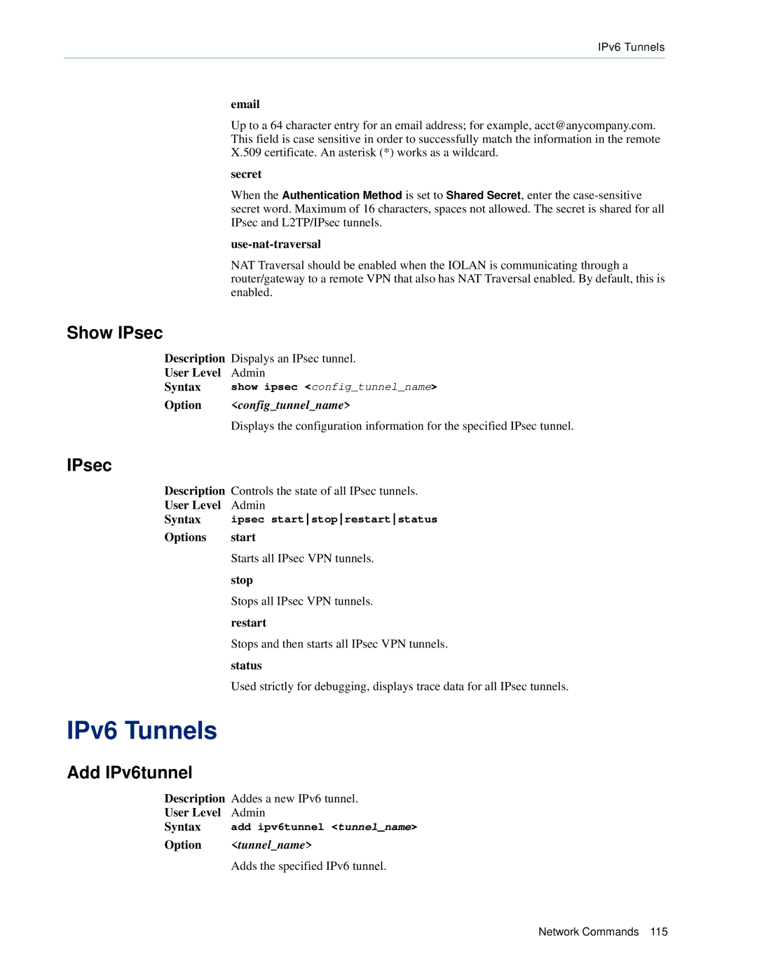 Perle Systems CSS manual IPv6 Tunnels, Show IPsec, Add IPv6tunnel, Configtunnelname 