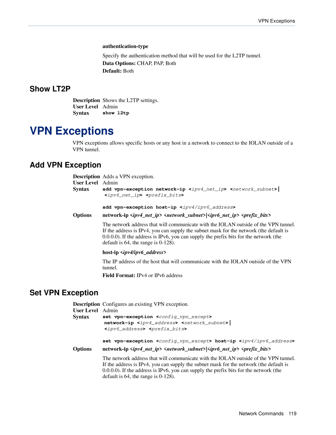 Perle Systems CSS manual VPN Exceptions, Show LT2P, Add VPN Exception, Set VPN Exception 