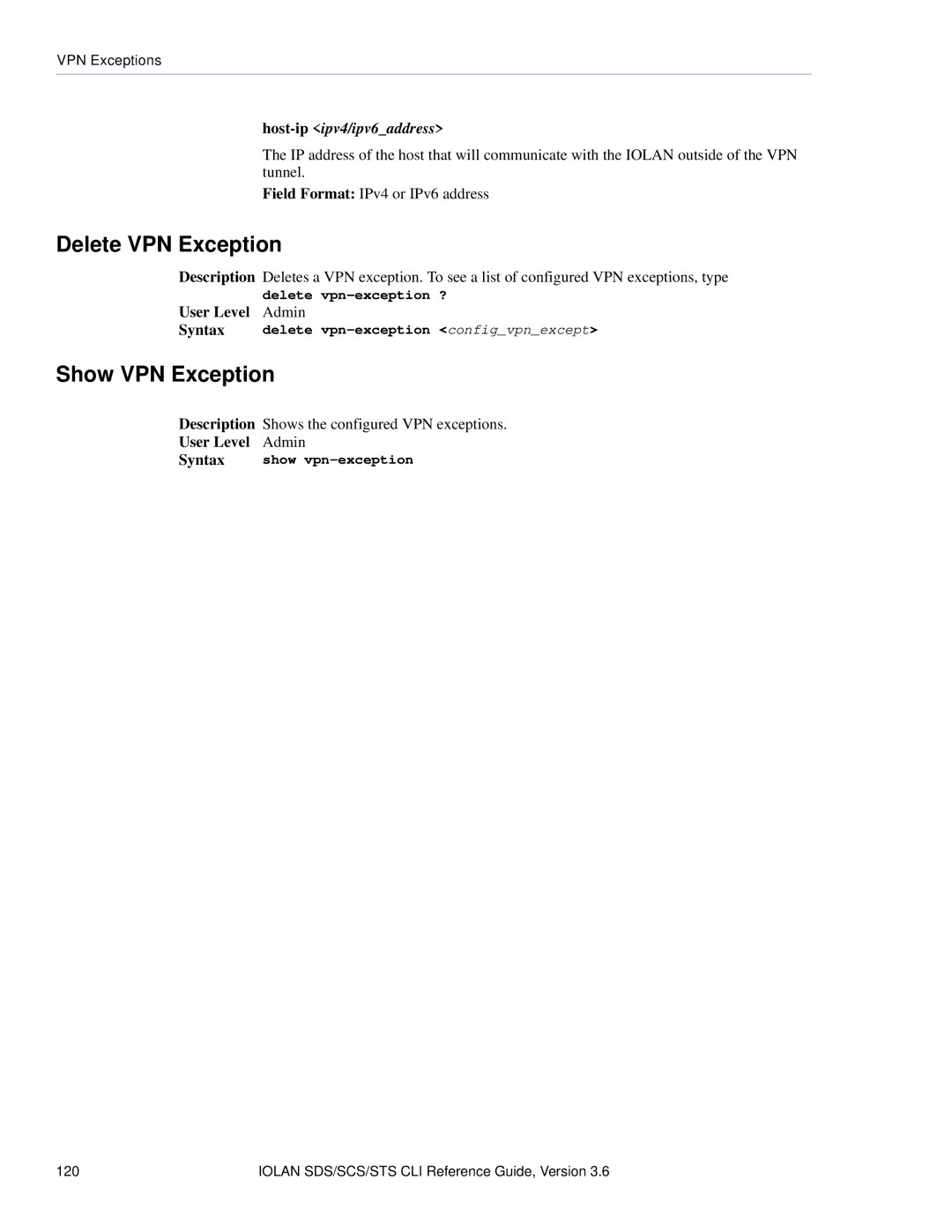 Perle Systems CSS manual Delete VPN Exception, Show VPN Exception, Delete vpn-exception ? User Level Admin 
