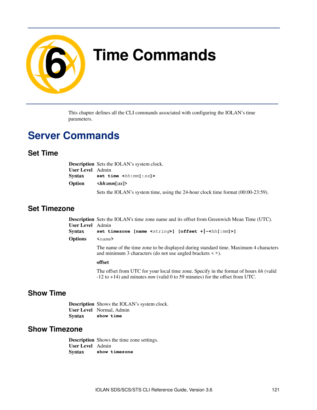 Perle Systems CSS manual Time Commands, Set Timezone, Show Timezone 