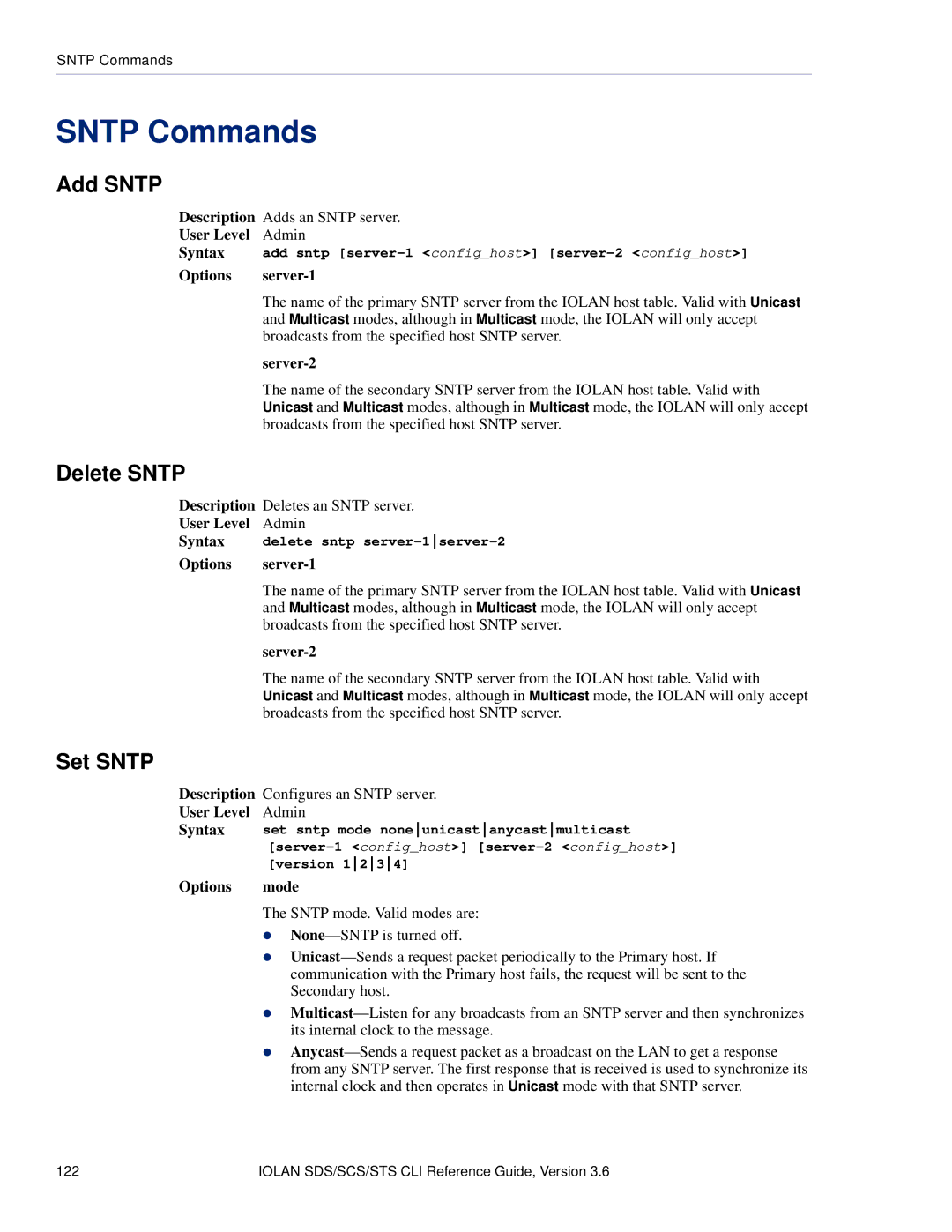 Perle Systems CSS manual Sntp Commands, Add Sntp, Delete Sntp, Set Sntp 