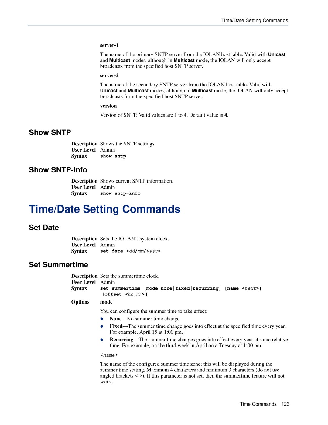 Perle Systems CSS manual Time/Date Setting Commands, Show Sntp, Show SNTP-Info, Set Date, Set Summertime 