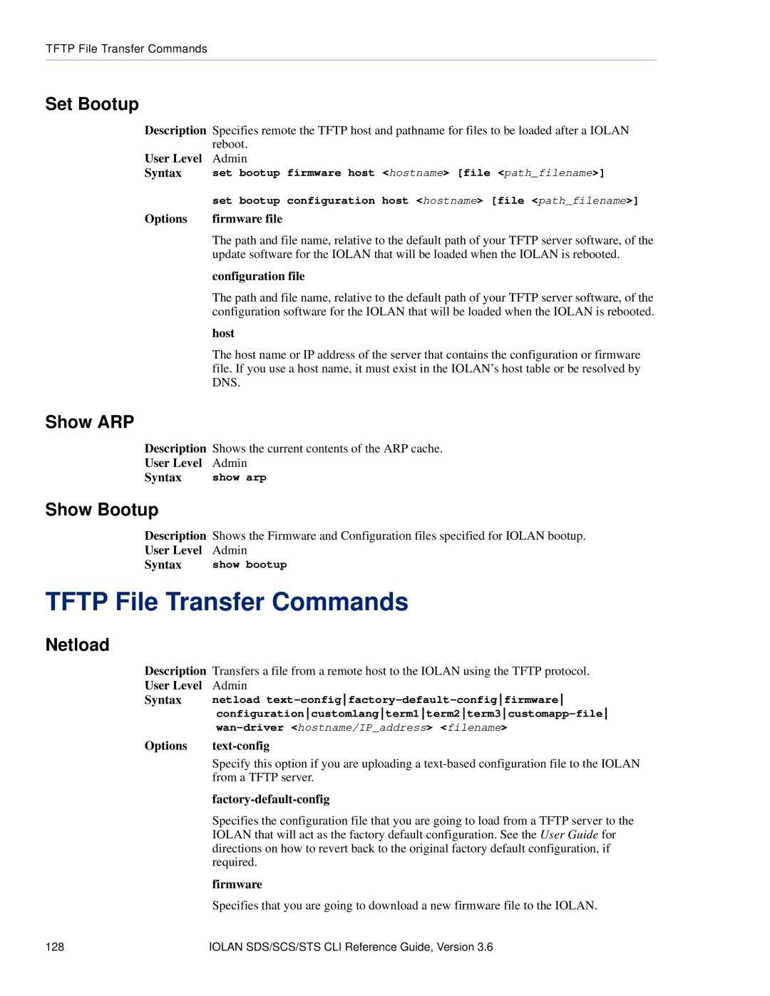 Perle Systems CSS manual Tftp File Transfer Commands, Set Bootup, Show ARP, Show Bootup, Netload 