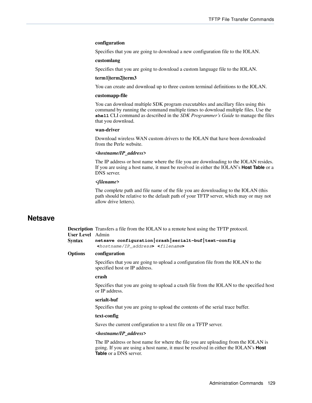 Perle Systems CSS manual Netsave, Hostname/IPaddress, Filename 