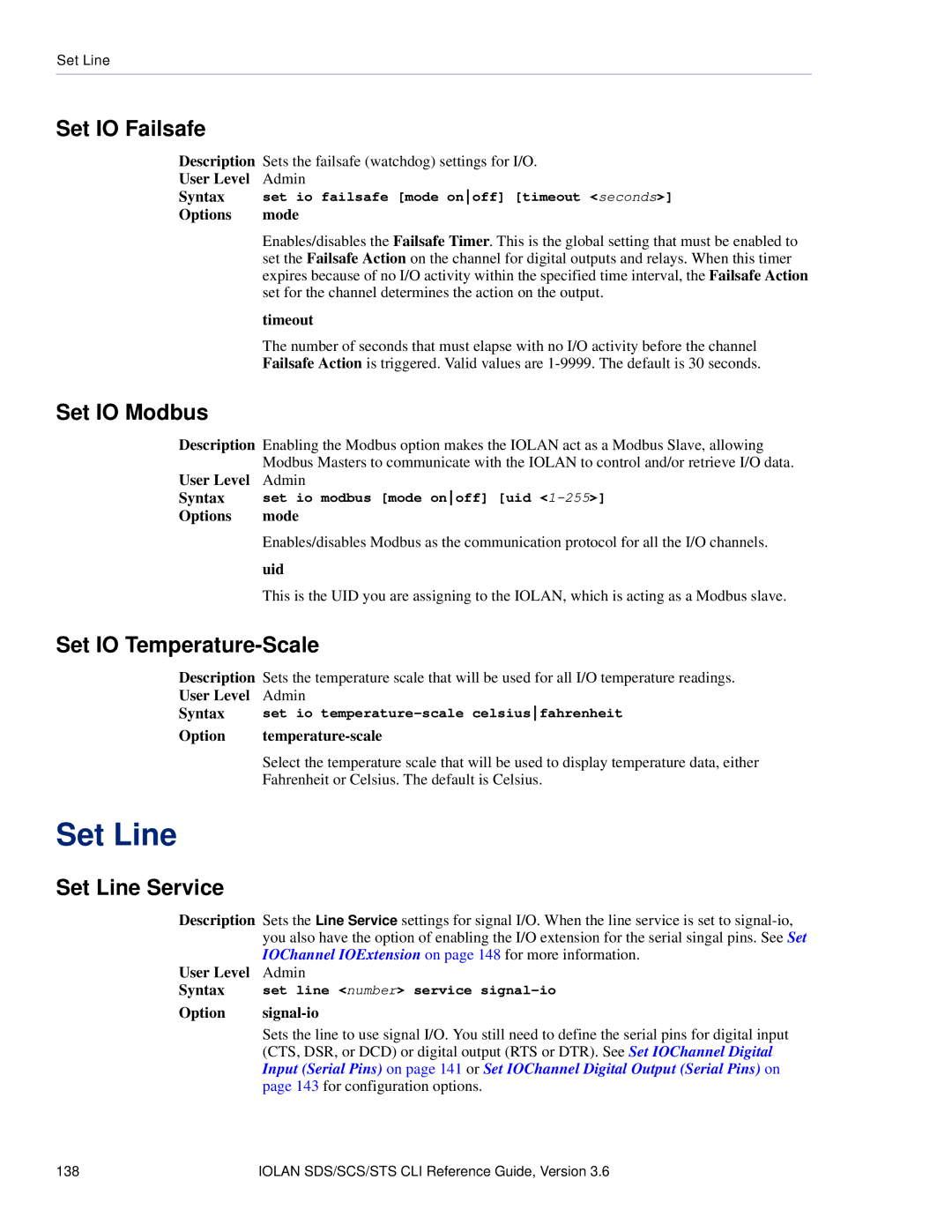 Perle Systems CSS manual Set Line, Set IO Failsafe, Set IO Modbus, Set IO Temperature-Scale, Option signal-io 