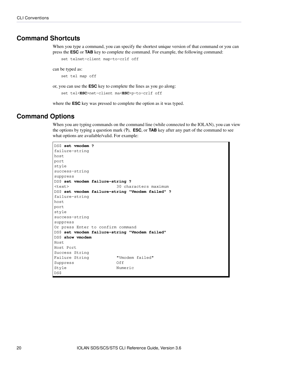 Perle Systems CSS manual Command Shortcuts, Command Options 