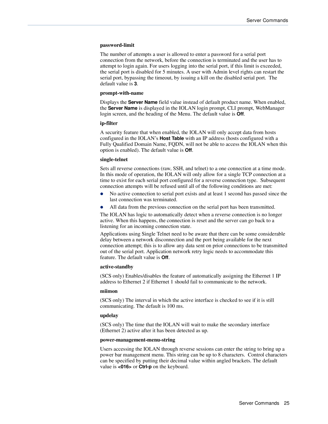 Perle Systems CSS manual Password-limit, Prompt-with-name, Ip-filter, Single-telnet, Active-standby, Miimon, Updelay 