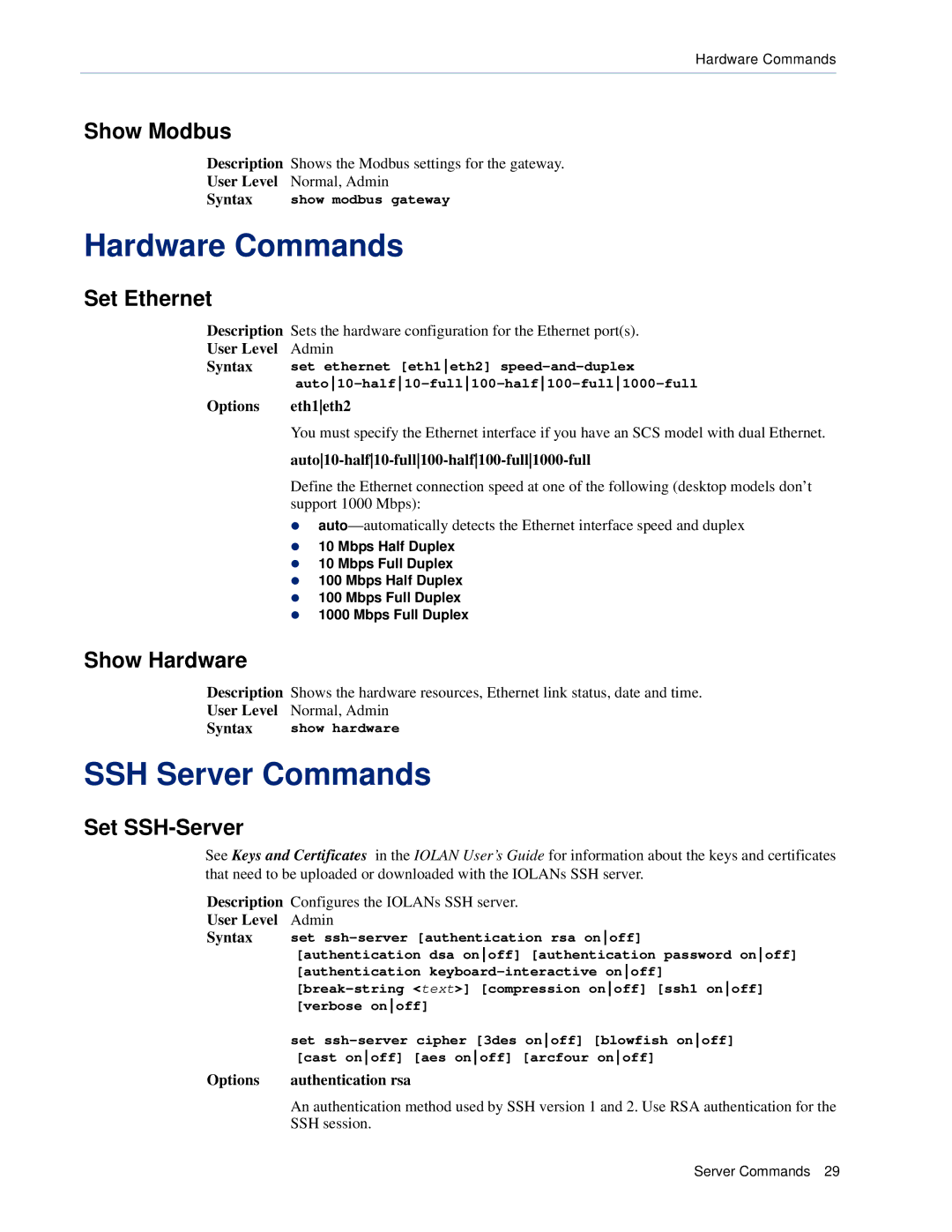 Perle Systems CSS manual Hardware Commands, SSH Server Commands 