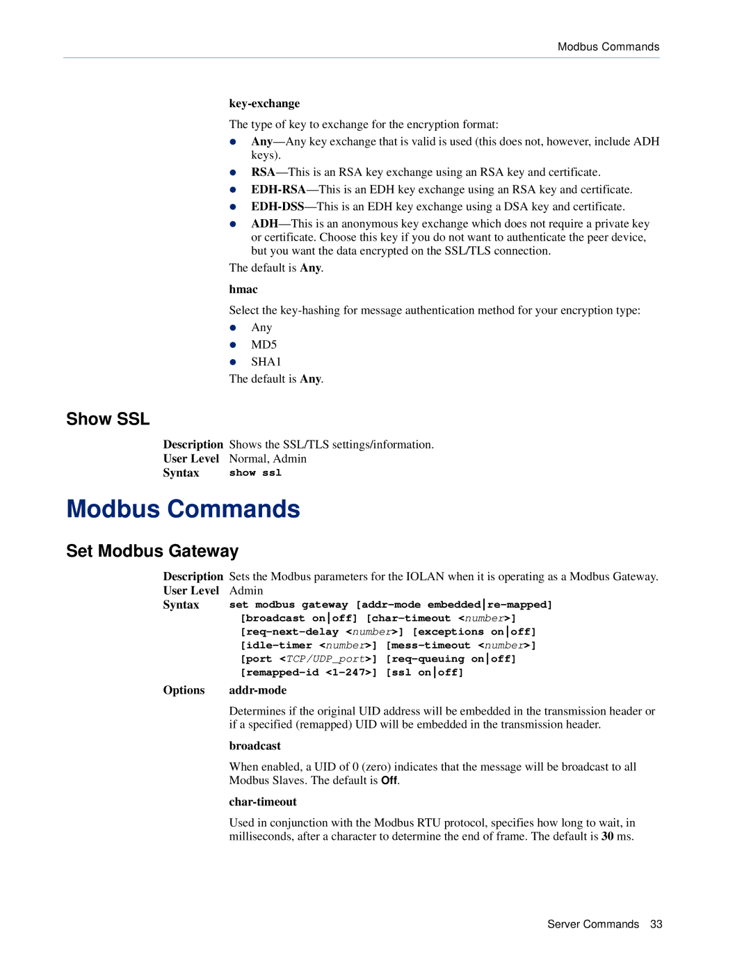 Perle Systems CSS manual Modbus Commands, Show SSL, Set Modbus Gateway, Key-exchange, Hmac 