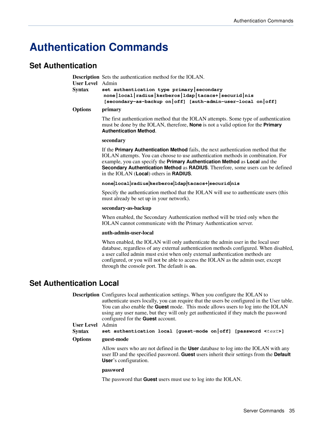 Perle Systems CSS manual Authentication Commands, Set Authentication Local 