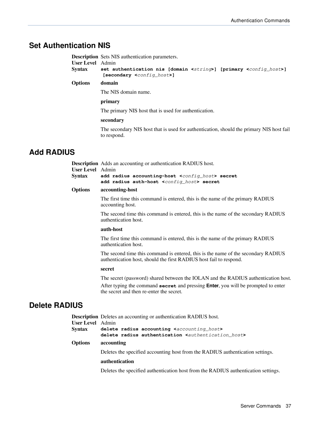 Perle Systems CSS manual Set Authentication NIS, Add Radius, Delete Radius 