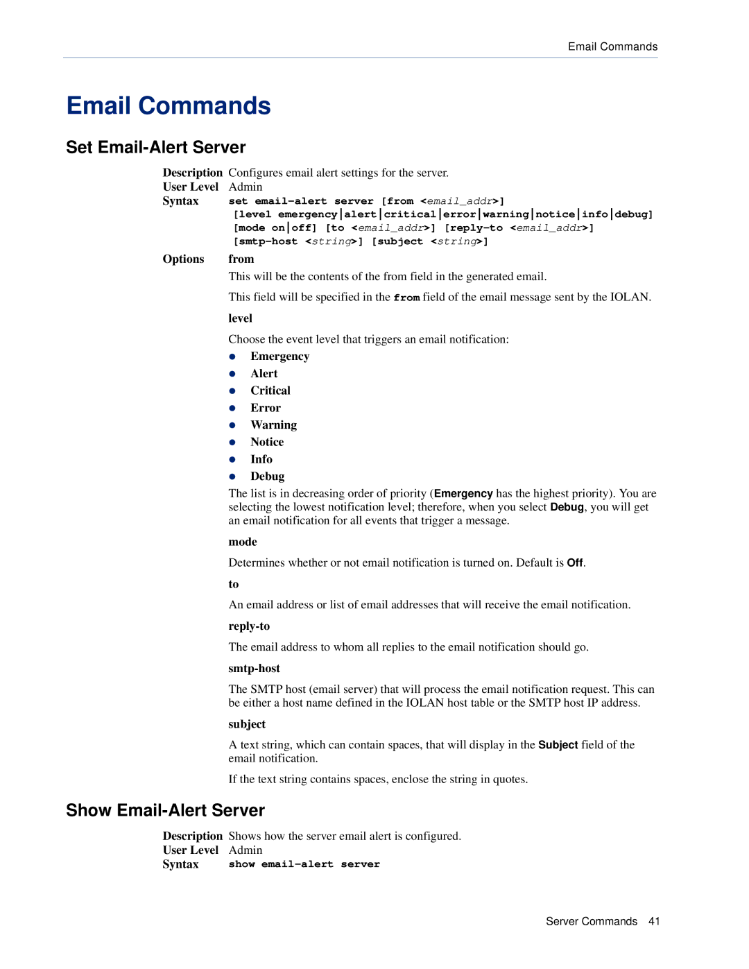 Perle Systems CSS manual Email Commands, Set Email-Alert Server, Show Email-Alert Server 