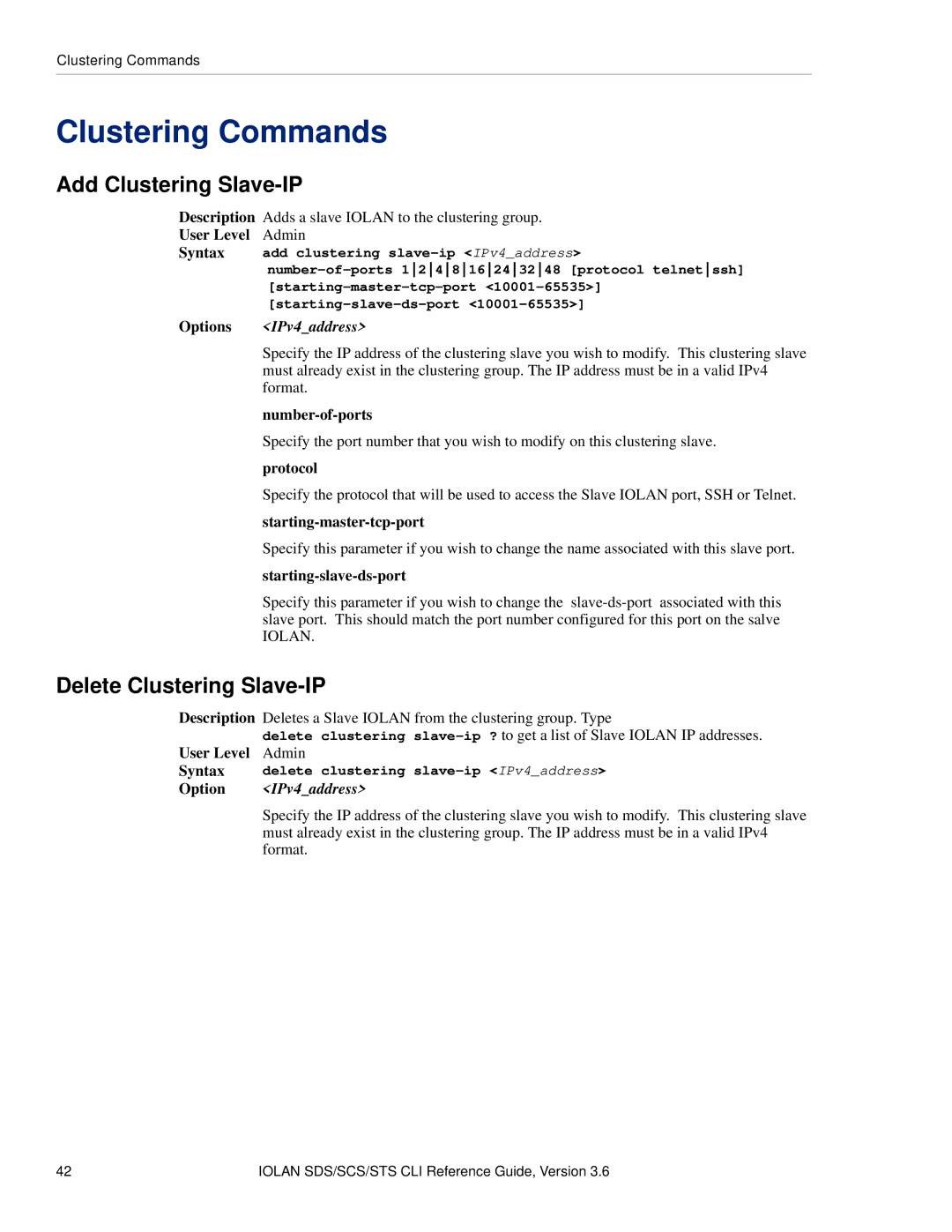 Perle Systems CSS manual Clustering Commands, Add Clustering Slave-IP, Delete Clustering Slave-IP, IPv4address 