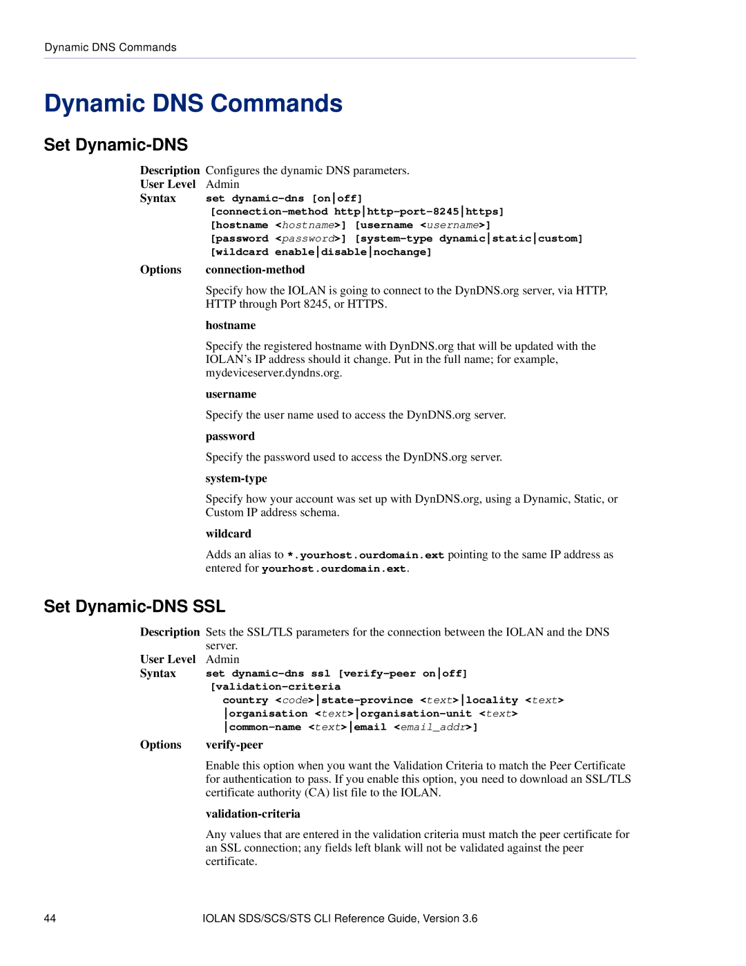 Perle Systems CSS manual Dynamic DNS Commands, Set Dynamic-DNS SSL 