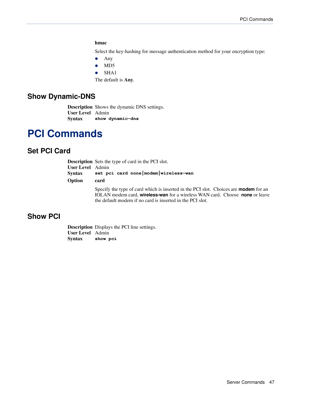 Perle Systems CSS manual PCI Commands, Show Dynamic-DNS, Set PCI Card, Show PCI, Option Card 