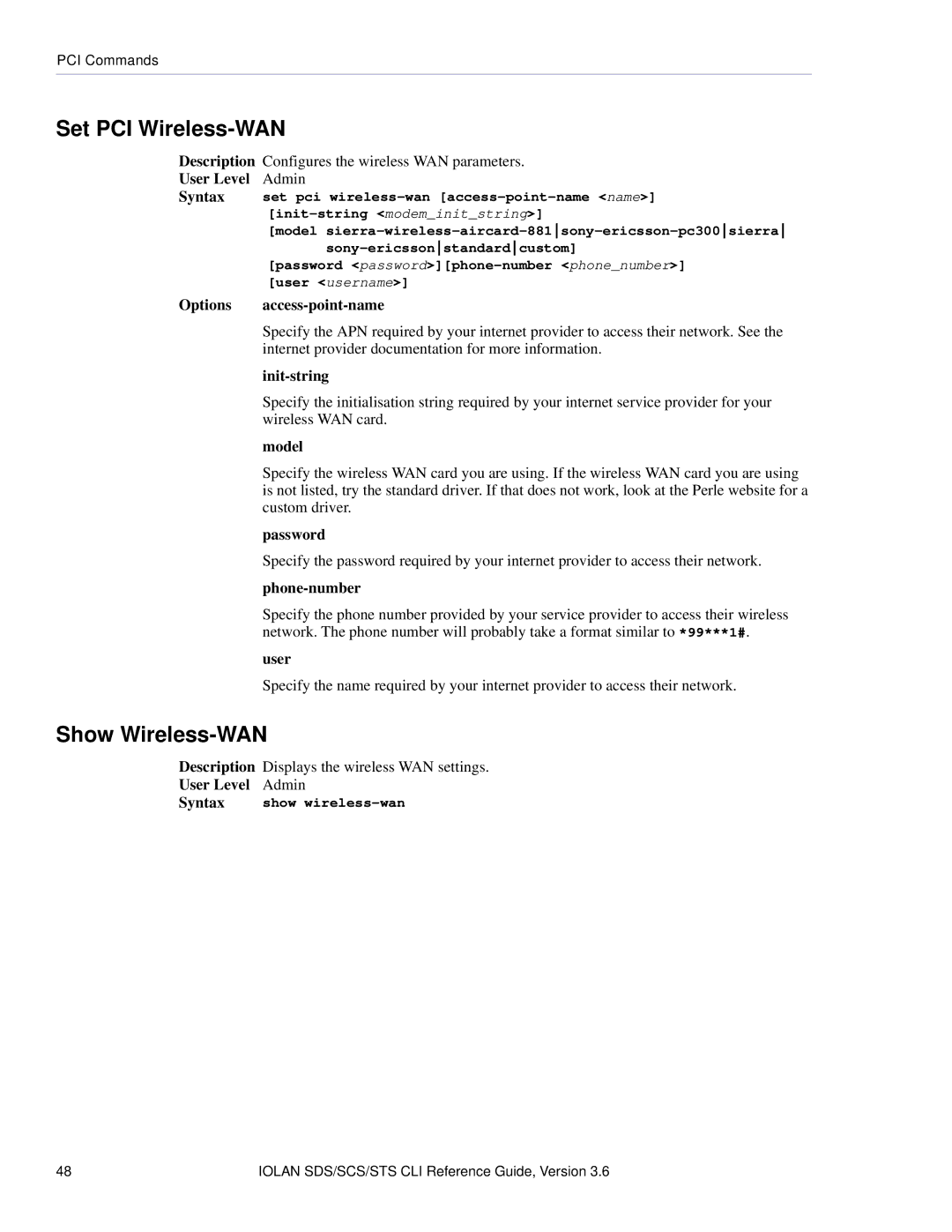 Perle Systems CSS manual Set PCI Wireless-WAN, Show Wireless-WAN 