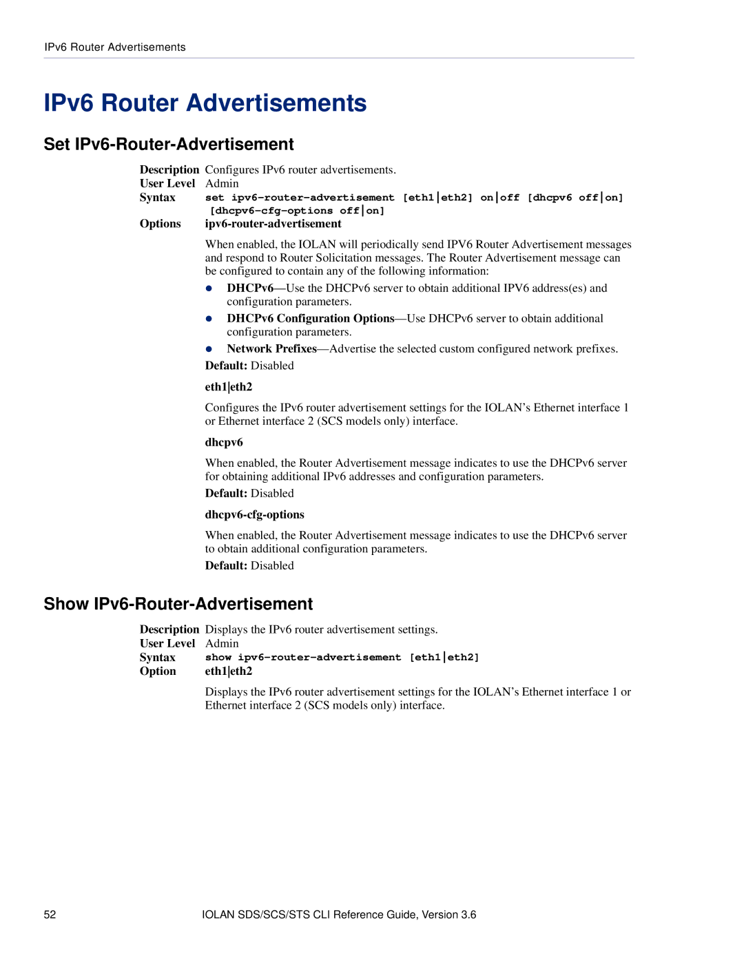 Perle Systems CSS manual IPv6 Router Advertisements, Set IPv6-Router-Advertisement, Show IPv6-Router-Advertisement 