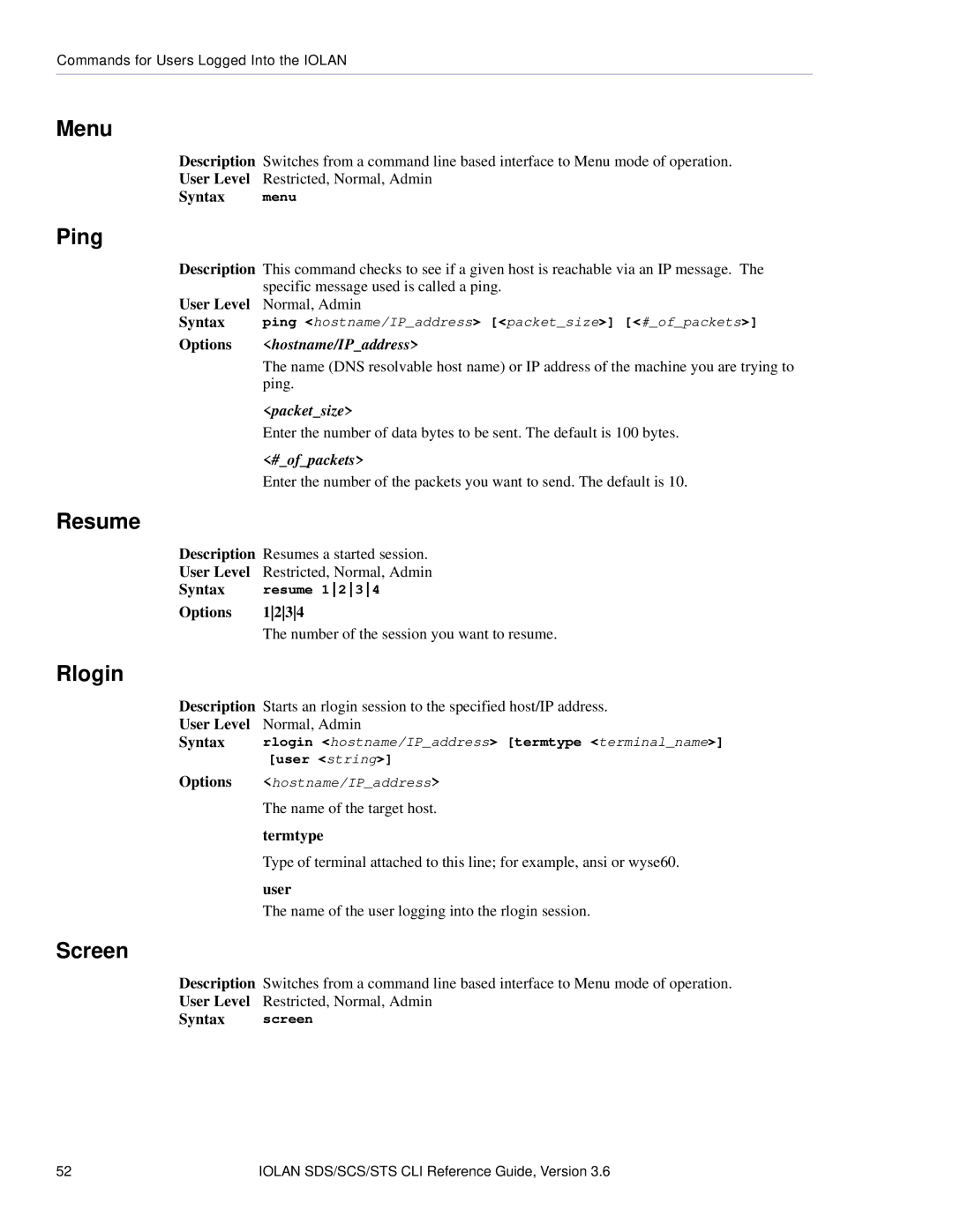 Perle Systems CSS manual Menu, Ping, Resume, Rlogin, Screen 