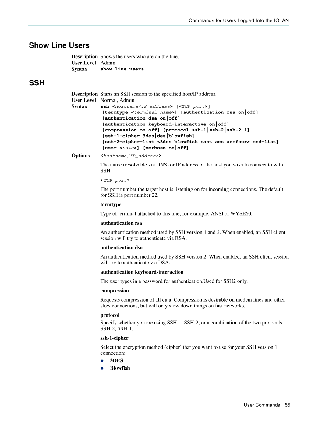 Perle Systems CSS manual Show Line Users, Authentication keyboard-interaction, Ssh-1-cipher, 3DES Blowfish 