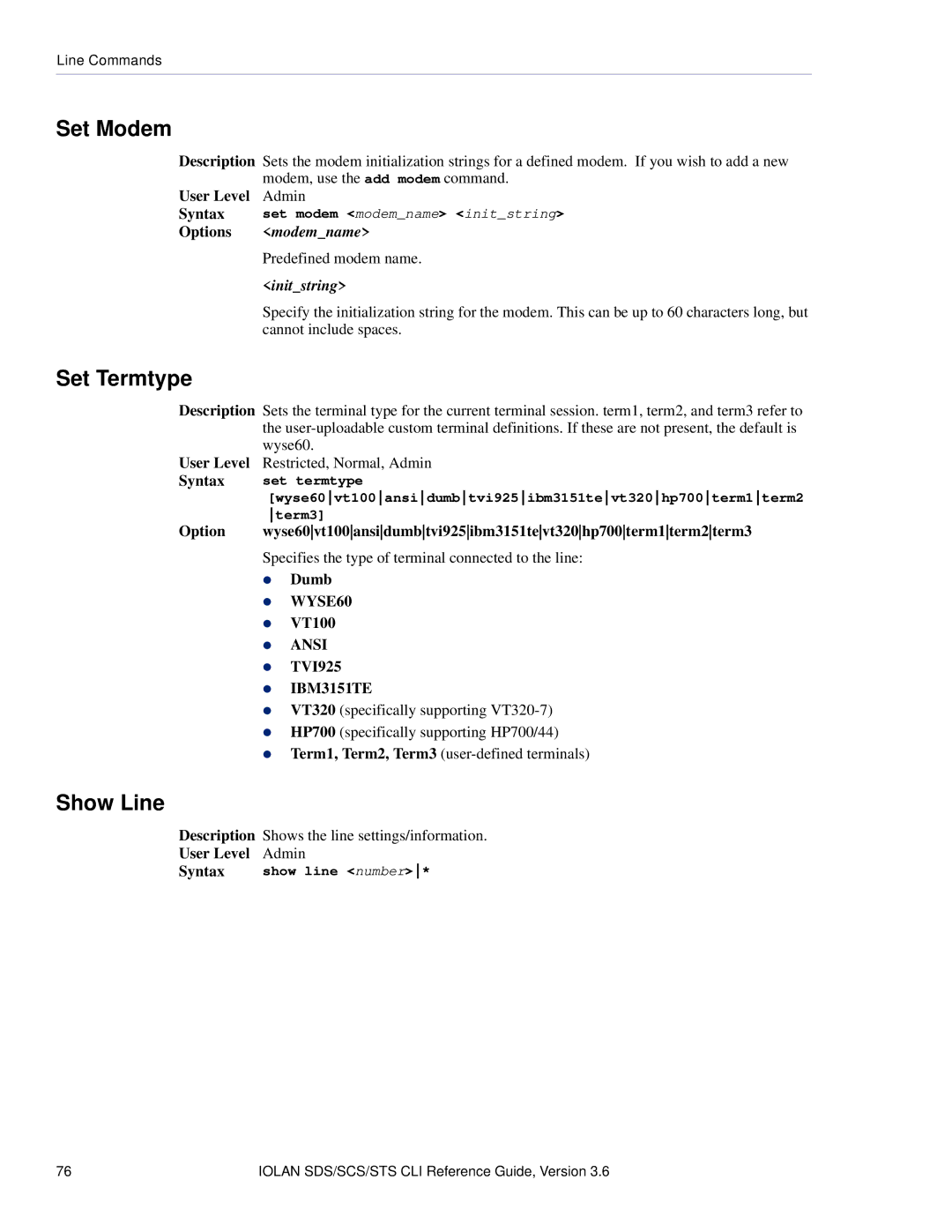 Perle Systems CSS manual Set Modem, Show Line, Modemname, Initstring 