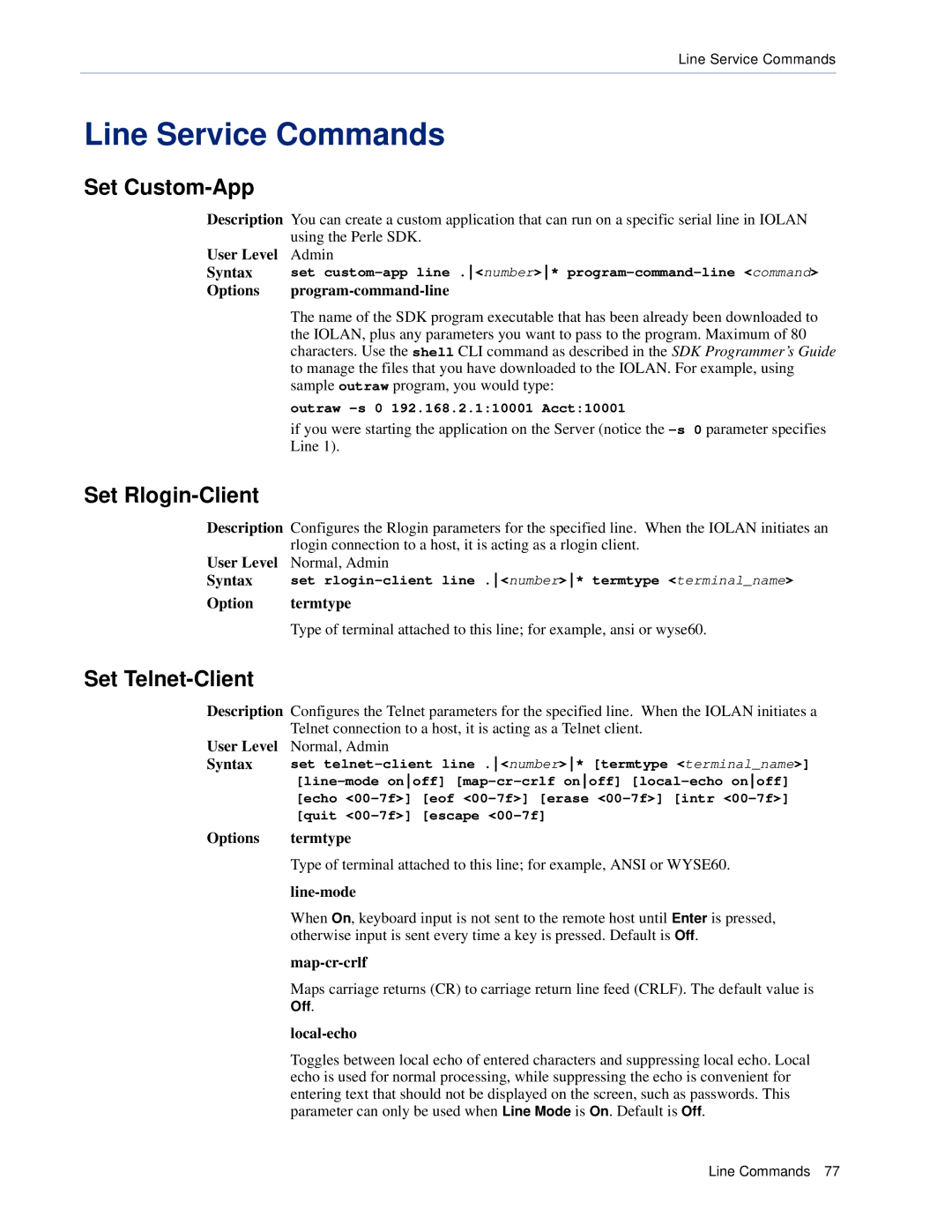 Perle Systems CSS manual Line Service Commands, Set Rlogin-Client, Set Telnet-Client 