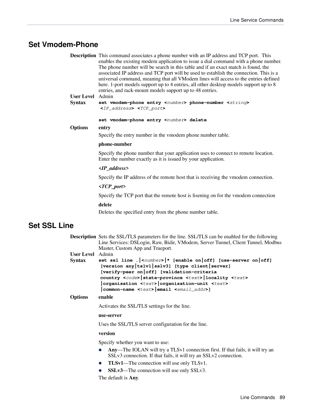 Perle Systems CSS manual Set SSL Line, IPaddress, Deletes the specified entry from the phone number table 