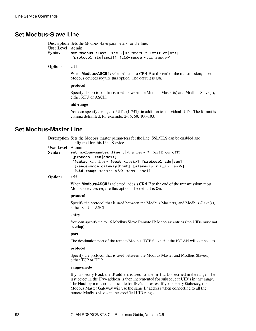 Perle Systems CSS manual Set Modbus-Slave Line, Set Modbus-Master Line, Options Crlf, Uid-range, Range-mode 