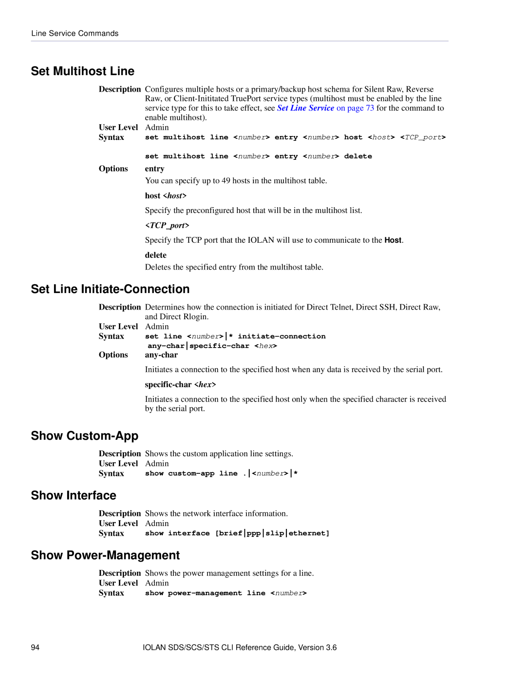 Perle Systems CSS manual Set Multihost Line, Set Line Initiate-Connection, Show Interface, Show Power-Management 