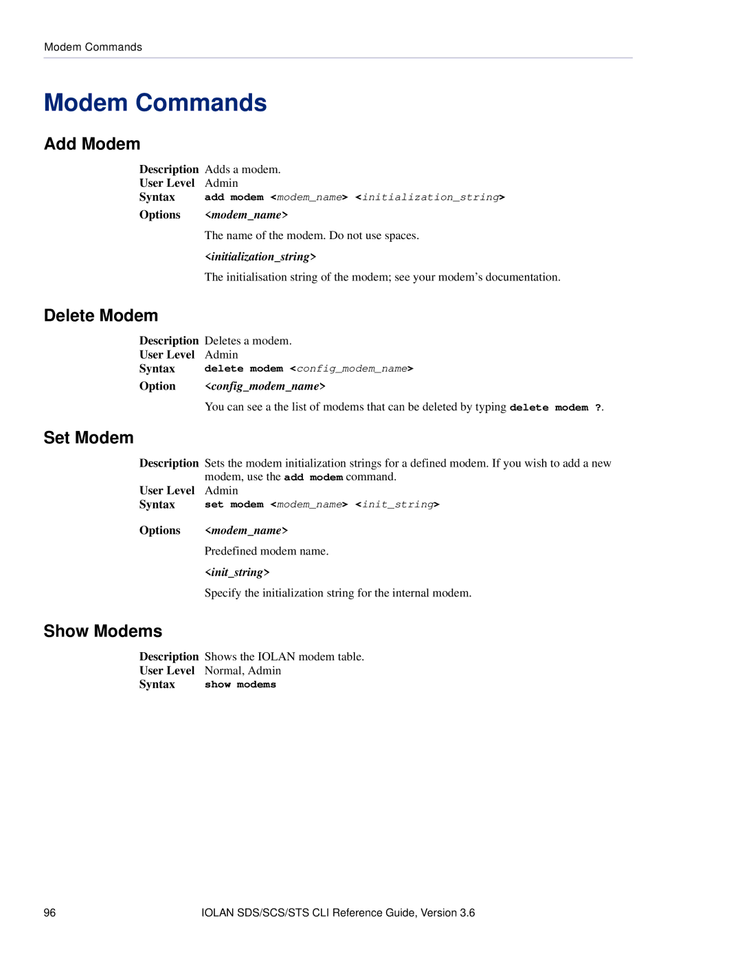 Perle Systems CSS manual Modem Commands, Add Modem, Delete Modem, Show Modems 