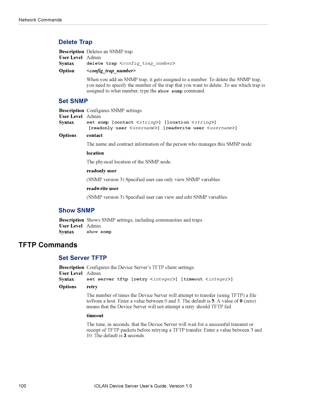 Perle Systems DS1 manual Tftp Commands, Delete Trap, Set Snmp, Show Snmp, Set Server Tftp 