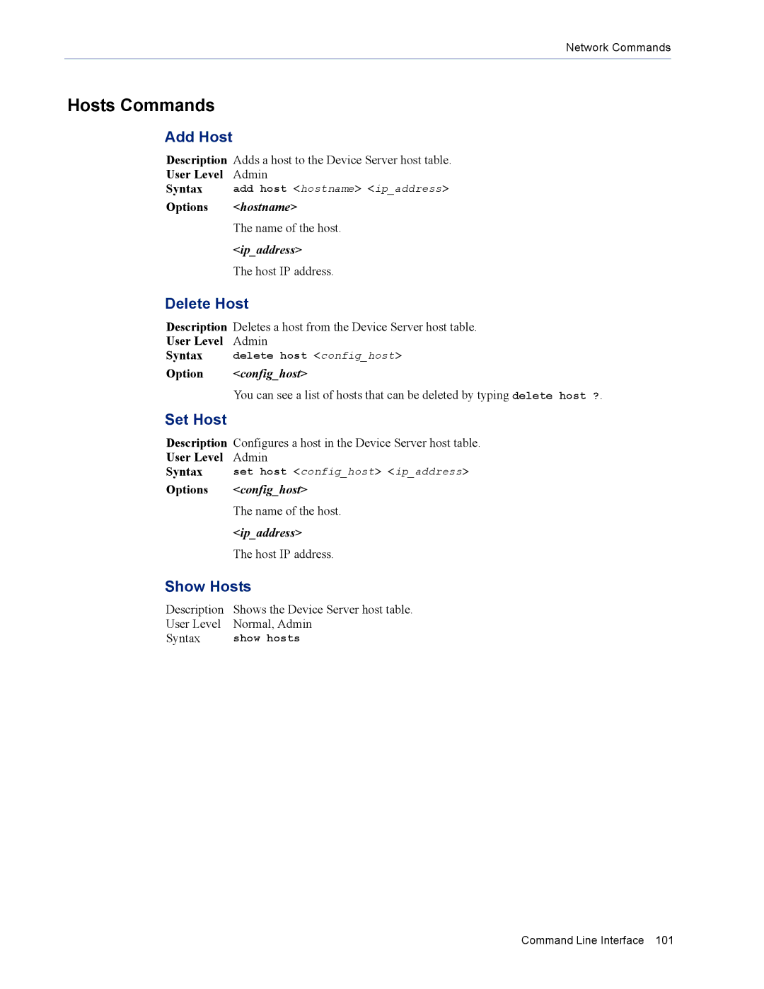 Perle Systems DS1 manual Hosts Commands, Add Host, Delete Host, Set Host, Show Hosts 