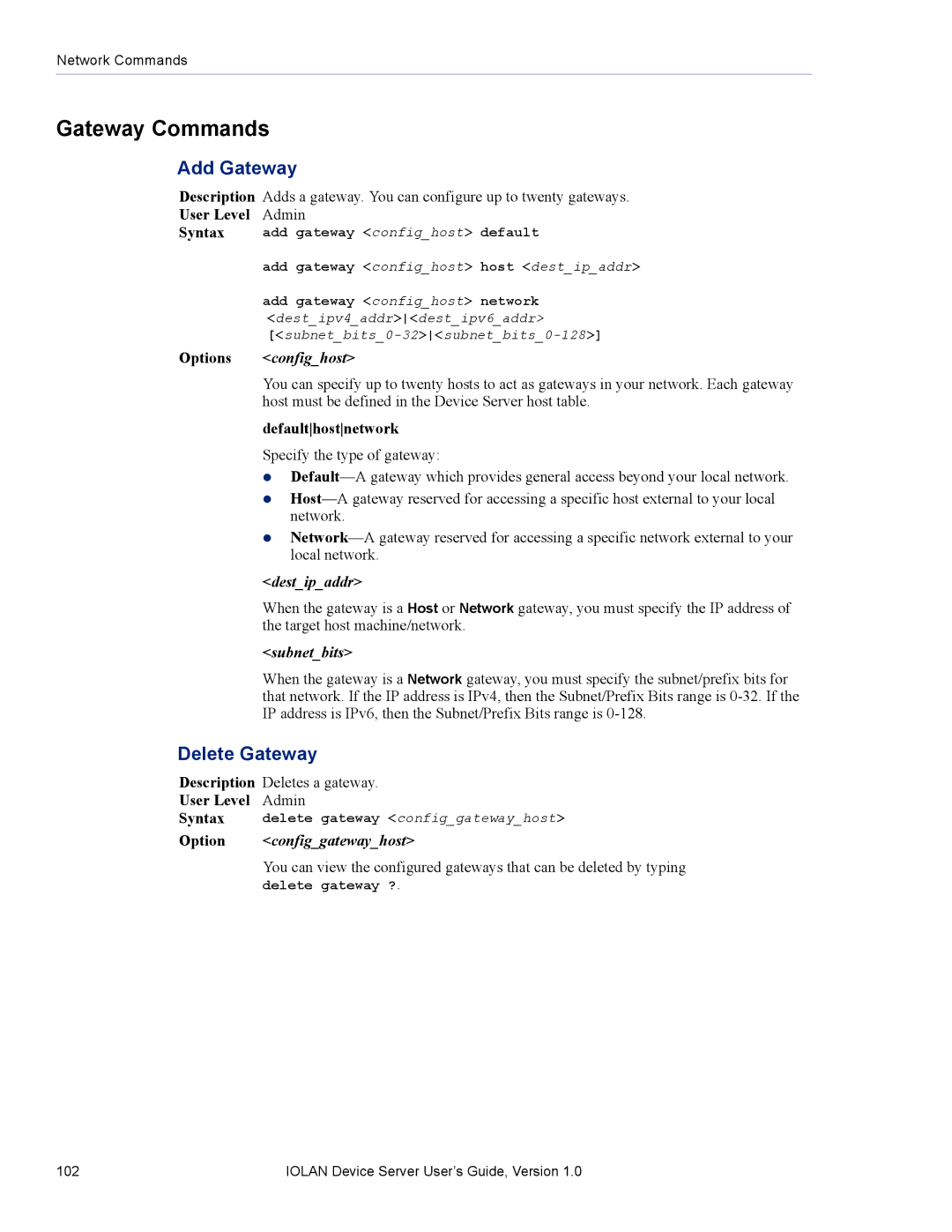 Perle Systems DS1 manual Gateway Commands, Add Gateway, Delete Gateway 