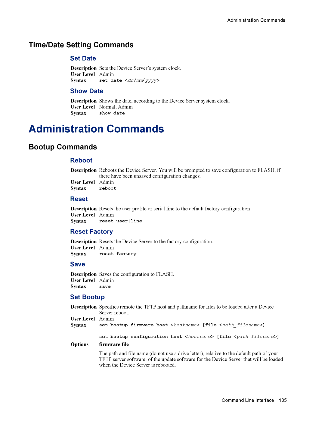 Perle Systems DS1 manual Administration Commands, Time/Date Setting Commands, Bootup Commands 