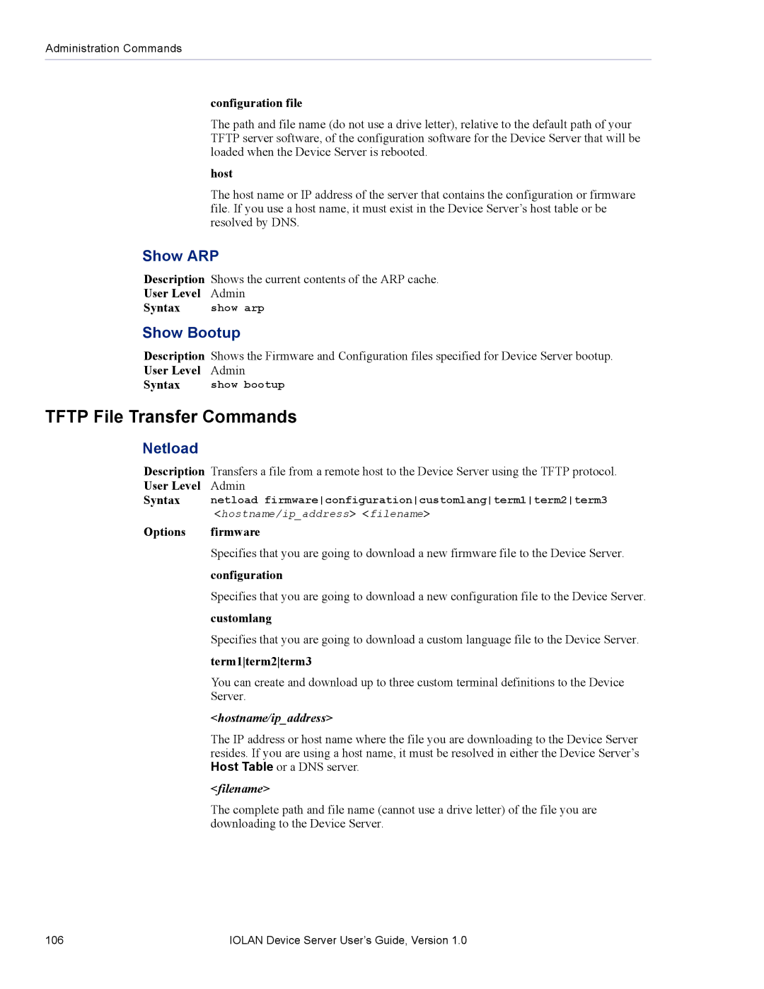 Perle Systems DS1 manual Tftp File Transfer Commands, Show ARP, Show Bootup, Netload 