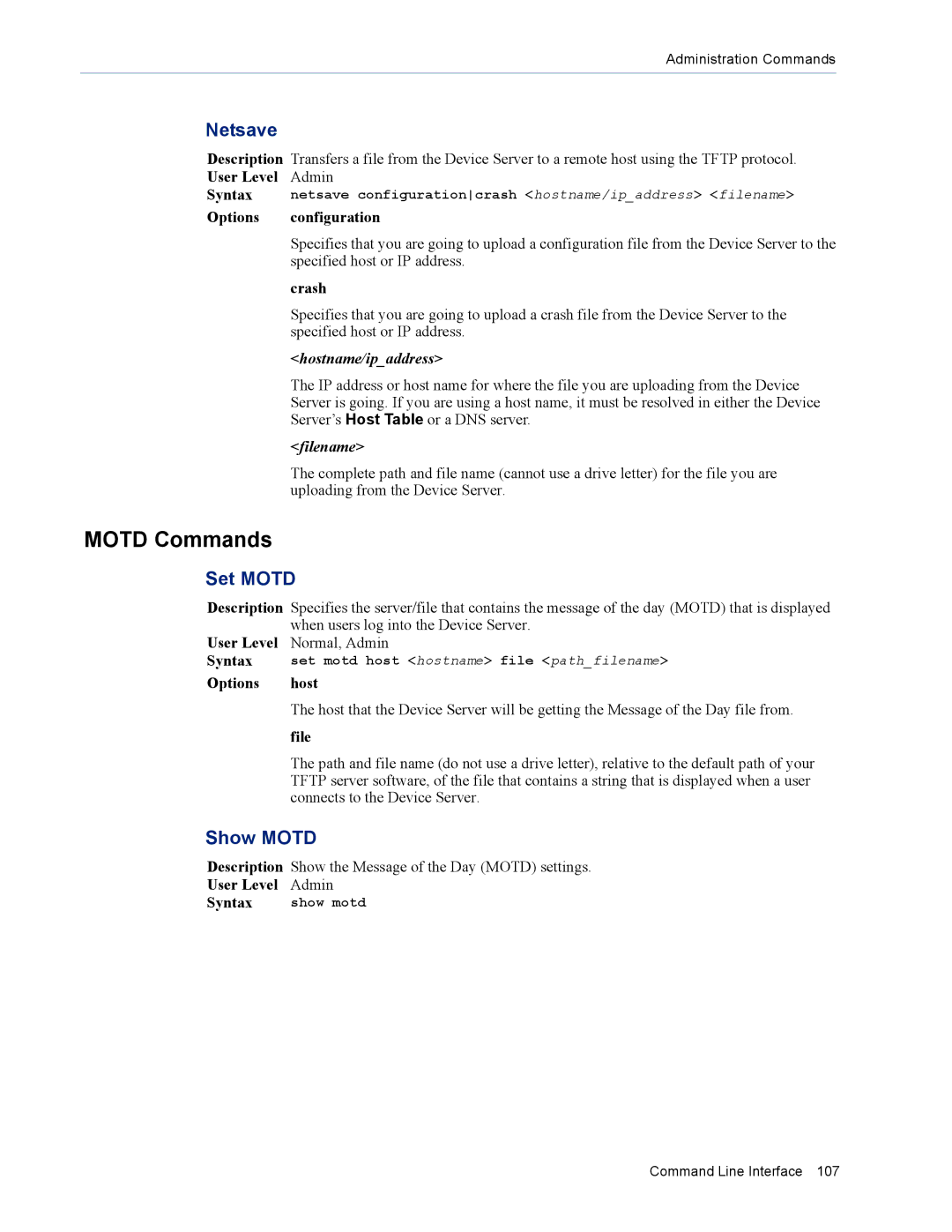 Perle Systems DS1 manual Motd Commands, Netsave, Set Motd, Show Motd 