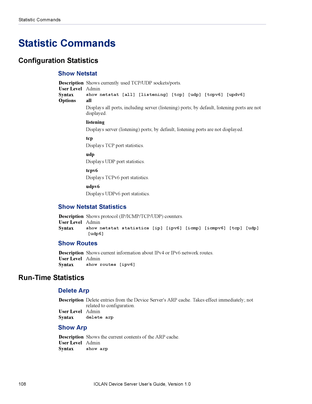 Perle Systems DS1 manual Statistic Commands, Configuration Statistics, Run-Time Statistics 