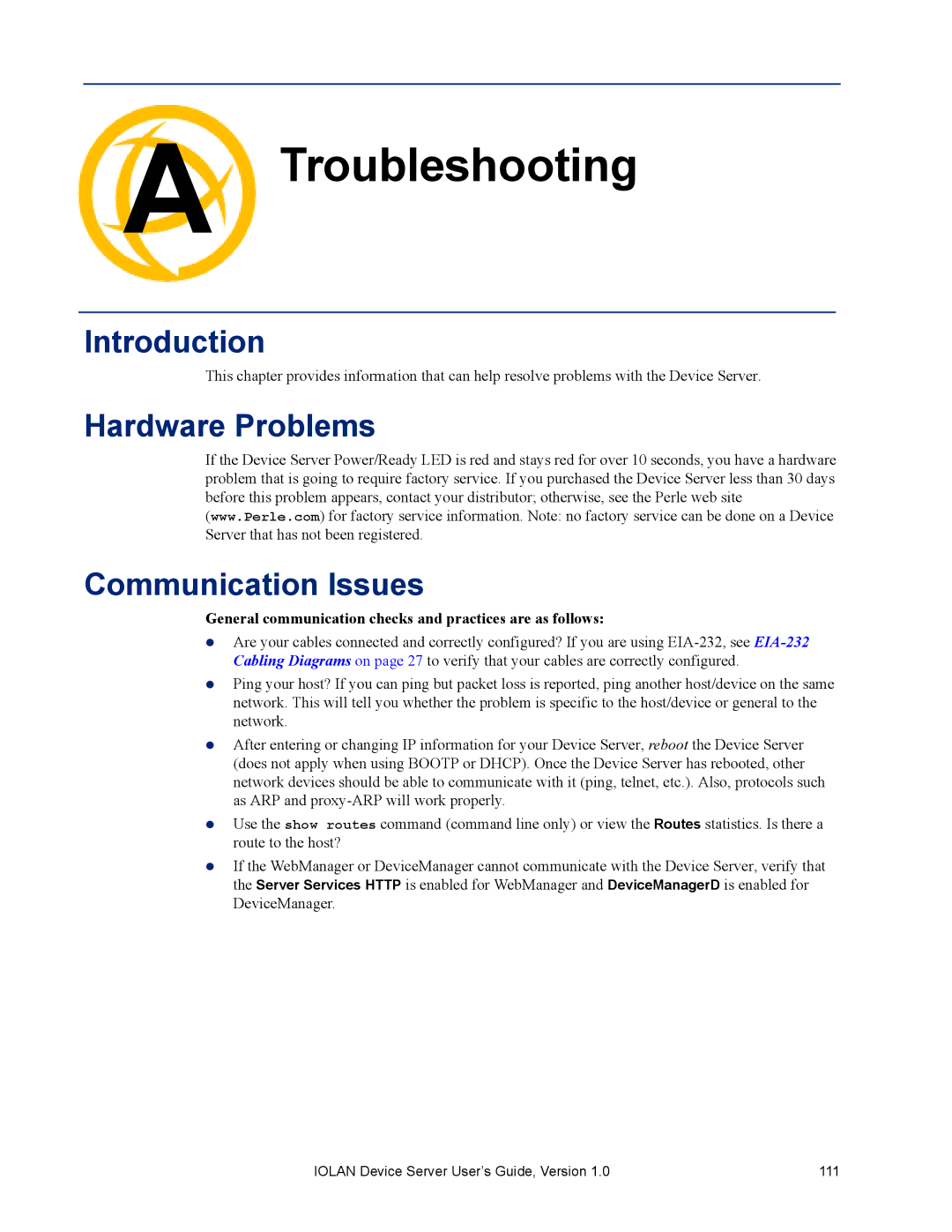 Perle Systems DS1 manual Troubleshooting, Hardware Problems Communication Issues 