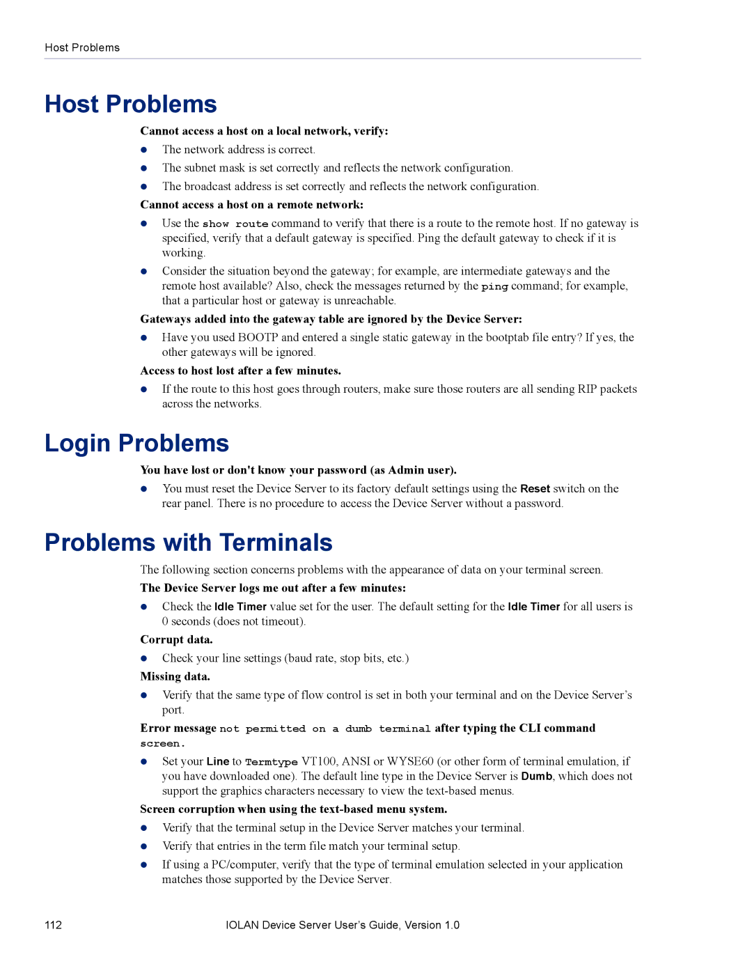 Perle Systems DS1 manual Host Problems, Login Problems, Problems with Terminals 