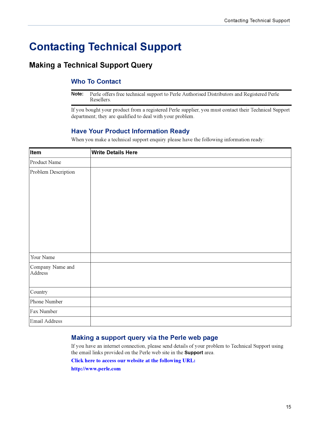 Perle Systems DS1 manual Contacting Technical Support, Making a Technical Support Query 