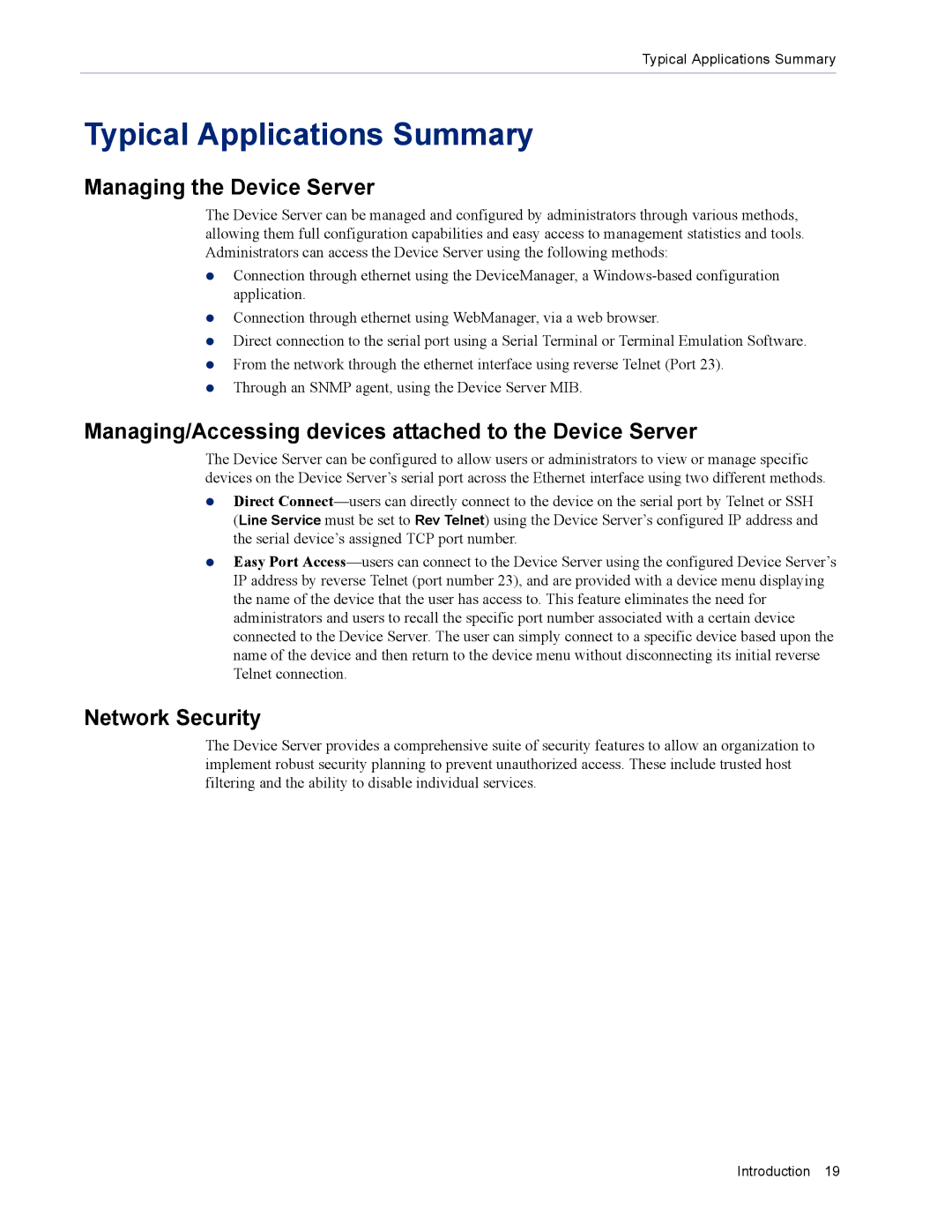 Perle Systems DS1 manual Typical Applications Summary, Managing the Device Server, Network Security 