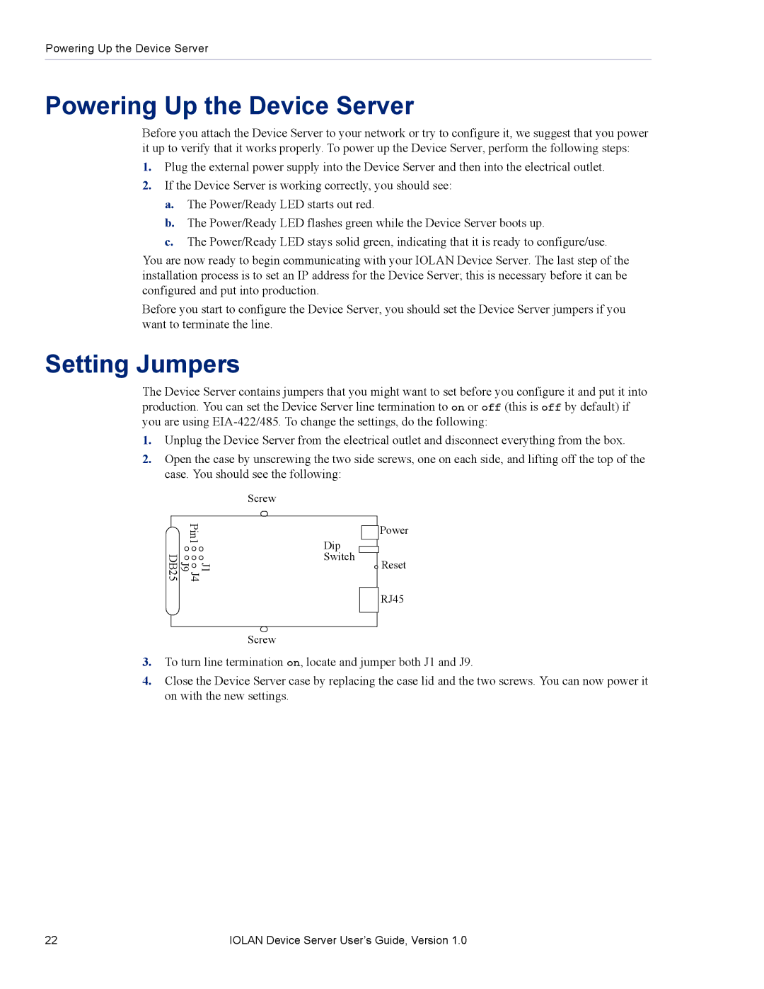 Perle Systems DS1 manual Powering Up the Device Server, Setting Jumpers 