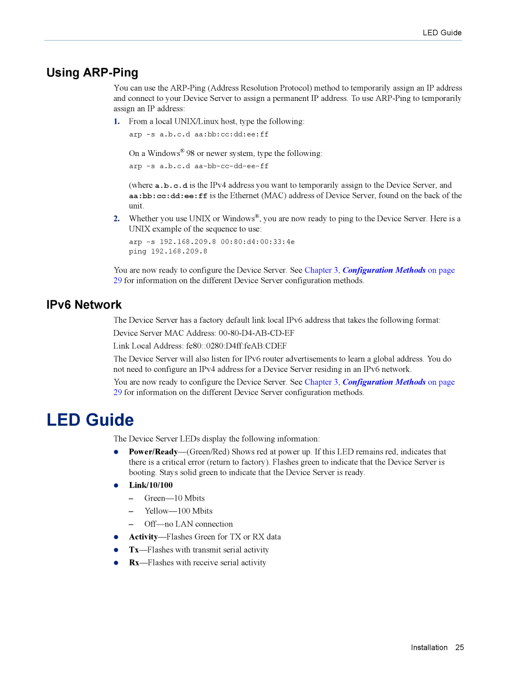 Perle Systems DS1 manual LED Guide, Using ARP-Ping, IPv6 Network, Link/10/100 