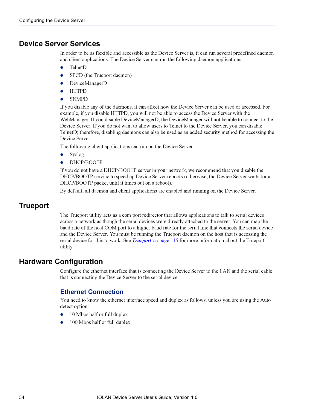 Perle Systems DS1 manual Device Server Services, Trueport, Hardware Configuration 