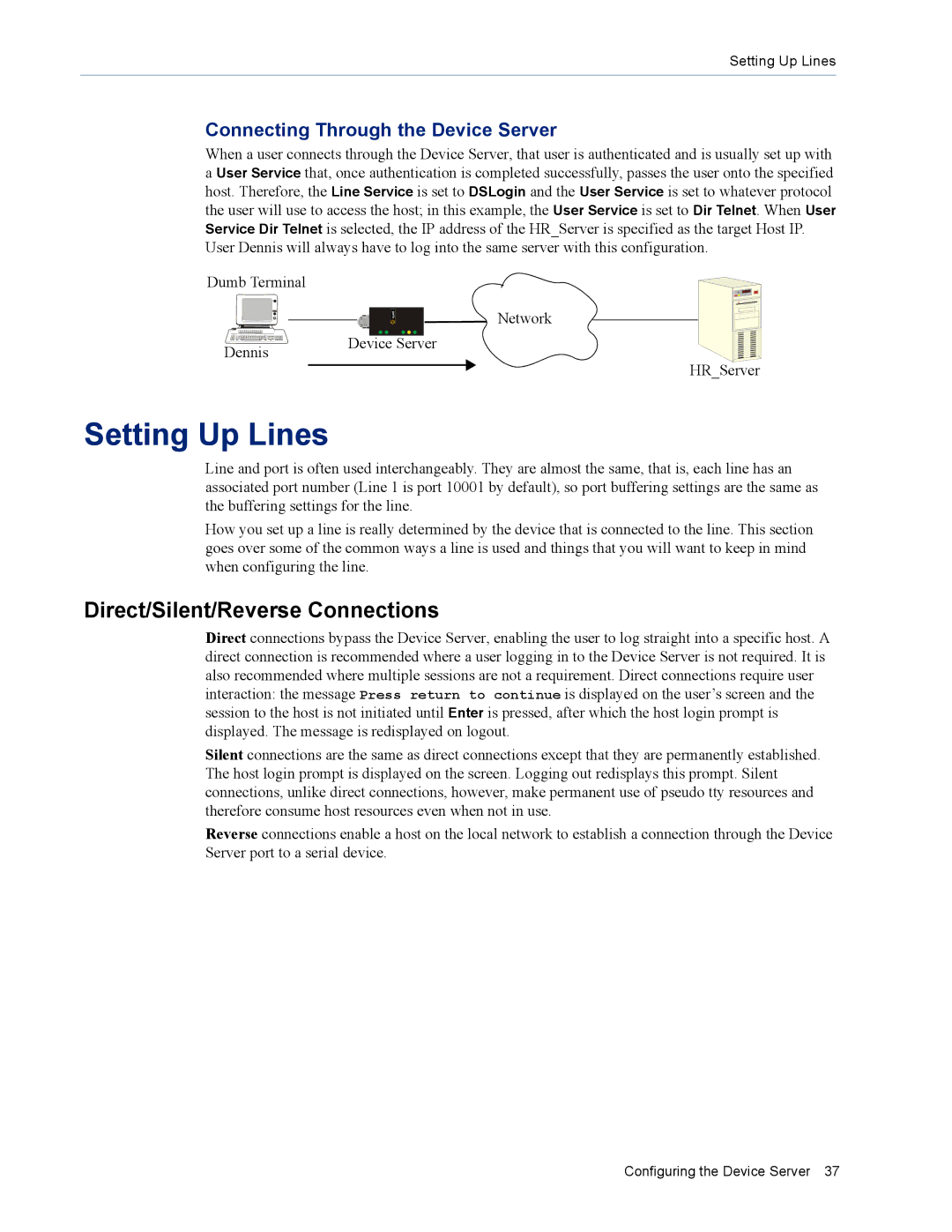 Perle Systems DS1 manual Setting Up Lines, Direct/Silent/Reverse Connections 