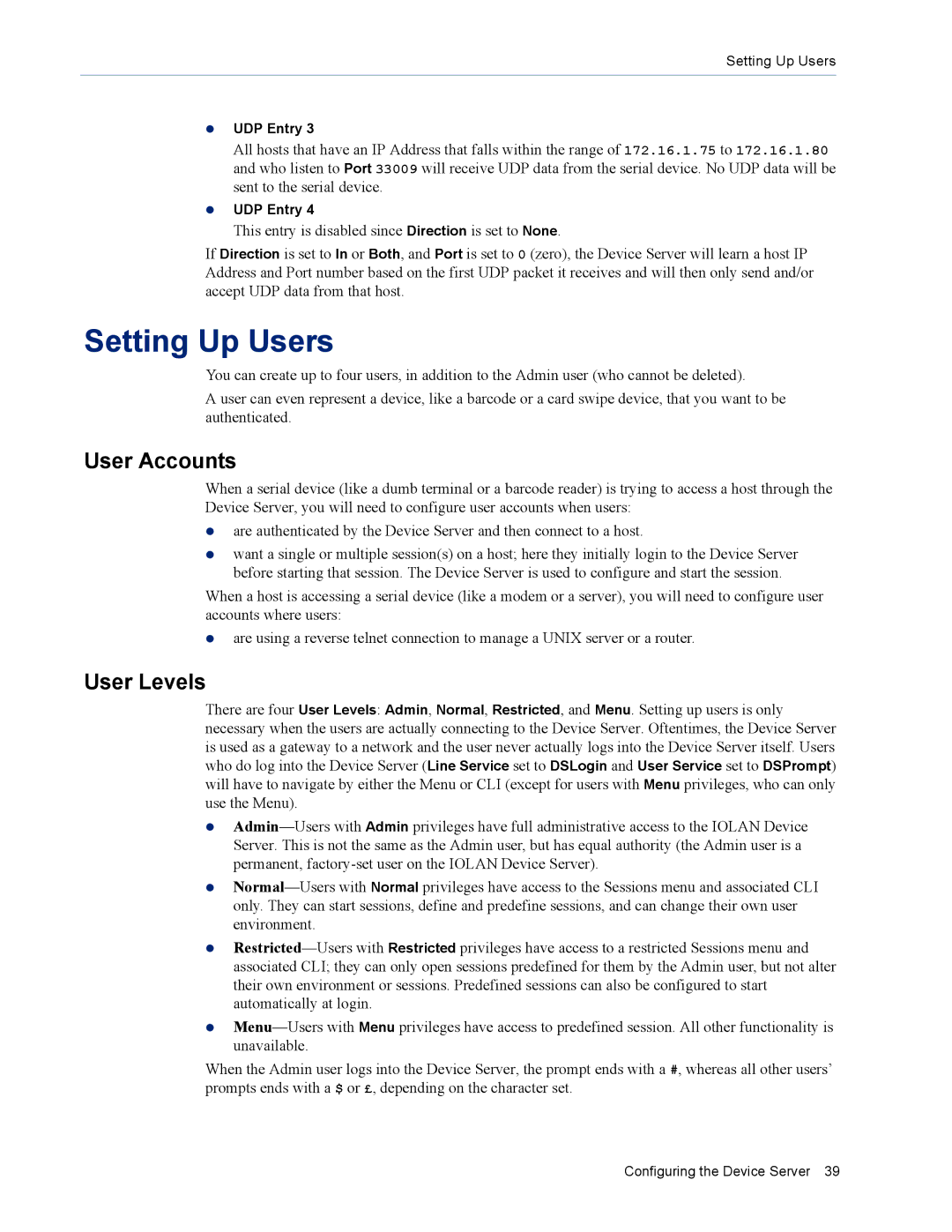 Perle Systems DS1 manual Setting Up Users, User Accounts, User Levels 